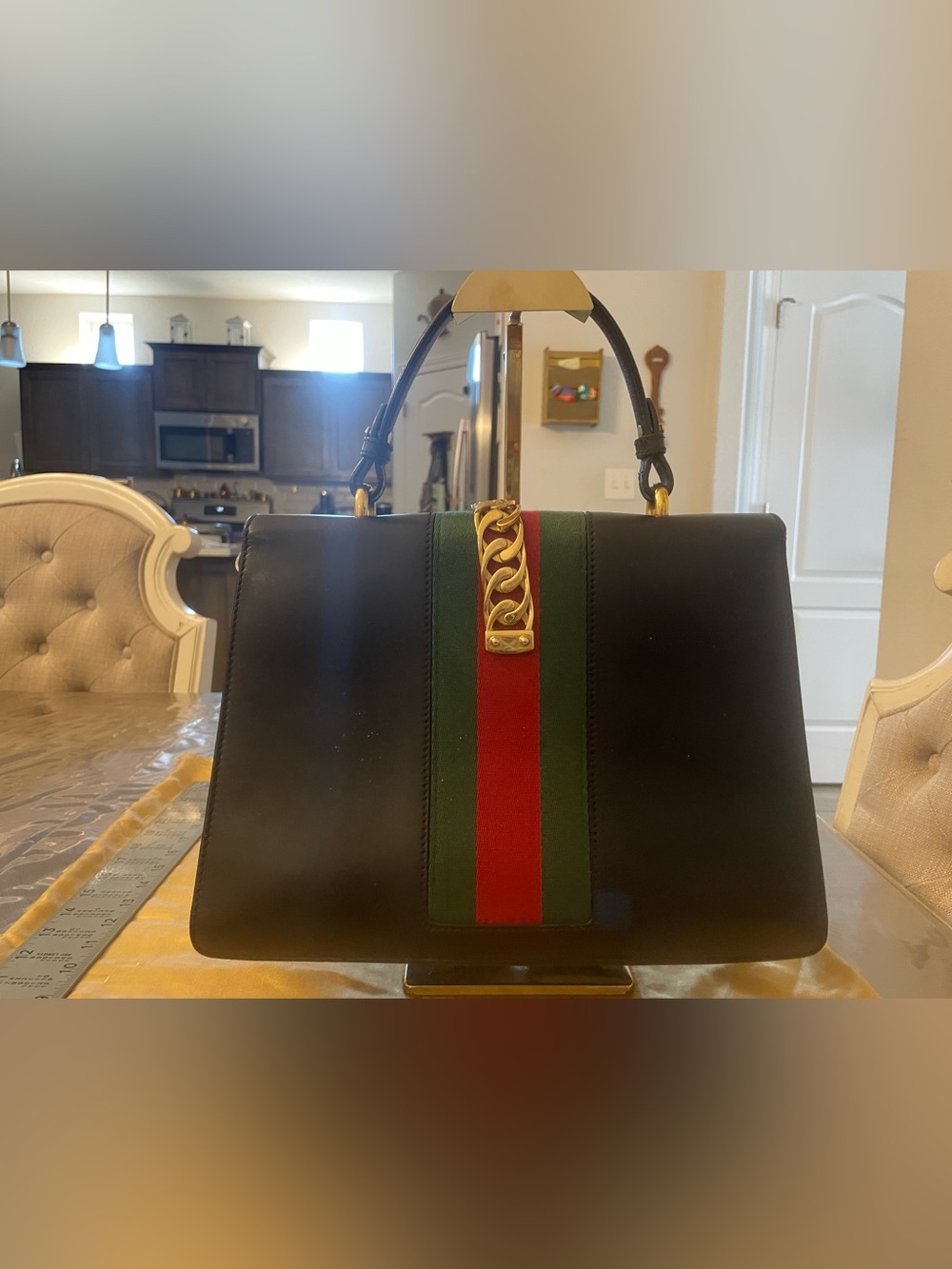 Gucci Sylvia Purse Black Leather Top Handle with Green-Red Web and Gold Hardware - Picture 2 of 9